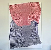 a red, blue, and white abstract painting hanging in a room
