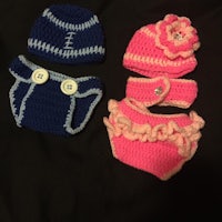 two crocheted diaper covers and a hat