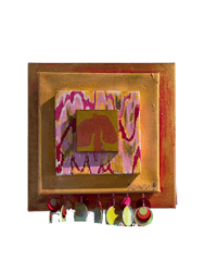 a painting with a pink, orange, and yellow background