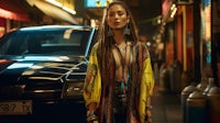 a woman with dreadlocks standing in front of a car