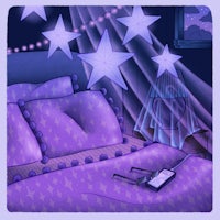 an illustration of a purple bed with stars on it