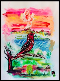 a watercolor painting of a bird perched on a branch