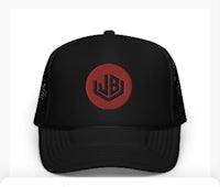 a black and red trucker hat with the jb logo on it