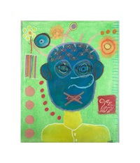 a painting of a blue man with a flower on his head