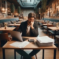 a man sitting at a table in a restaurant with a laptop