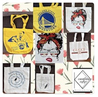 a collection of tote bags with different designs on them