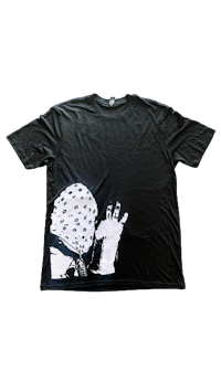 a black t - shirt with a hand on it