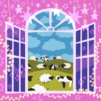 a window with sheep and stars in the background