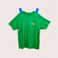 a green t - shirt with a blue logo on it