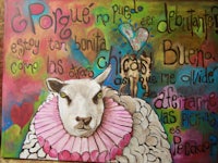 a painting of a sheep with a pink dress