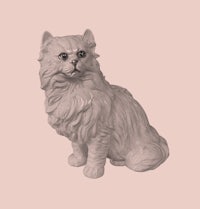 a white cat statue on a pink background