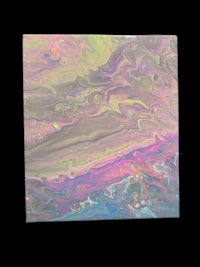 an abstract painting with pink, purple, and blue colors