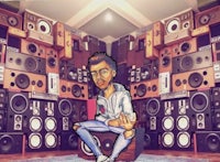 a cartoon of a man sitting in front of speakers