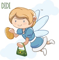 a cartoon fairy with a purse flying in the air
