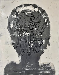 a black and white painting of a head with wires on it