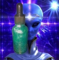 an alien with a bottle of blue liquid next to it