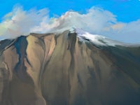 a painting of a mountain with clouds in the sky