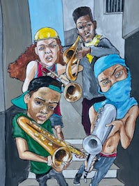 a painting of a group of people playing saxophones