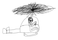 a drawing of a man sitting under an umbrella