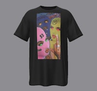 a black t - shirt with an image of a group of people wearing masks
