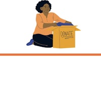 an illustration of a woman sitting in a box with the words donate