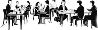 a black and white illustration of people at a restaurant