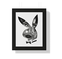 a black and white framed print of a bunny with a bow tie