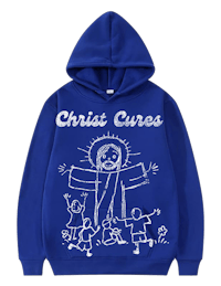 a blue hoodie with the words christ cures on it
