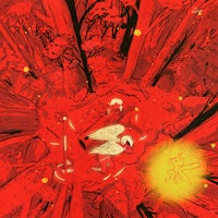 an illustration of a red forest with a bird in it