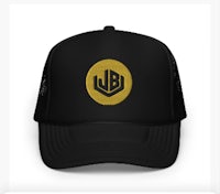 a black and gold trucker hat with the jb logo on it
