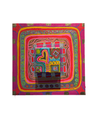 a pink painting with a colorful design on it