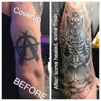 a man with a tattoo on his arm before and after