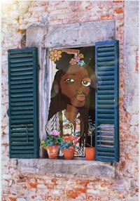 a drawing of a woman with dreadlocks looking out of a window