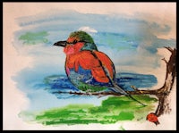 a watercolor painting of a colorful bird perched on a branch
