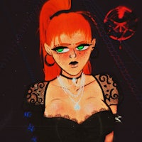 an orange haired girl in a black dress