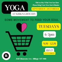 a flyer for yoga at kirk's grocery