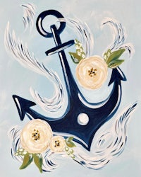 a painting of an anchor and flowers on a blue background