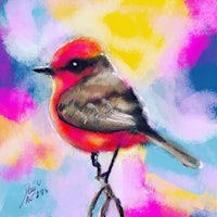 a painting of a red bird perched on a branch