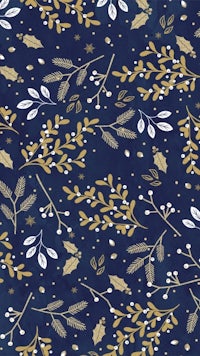 a christmas fabric with gold leaves and branches on a navy blue background