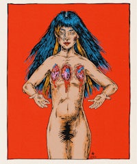 a drawing of a nude woman holding her breasts