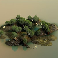 a 3d model of a small island with trees