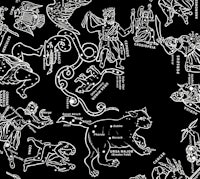 a black and white drawing of various animals on a black background