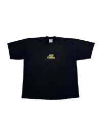a black t - shirt with a yellow logo on it