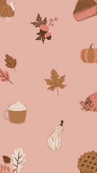a pink background with a variety of food items on it