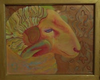 a painting of a ram in a gold frame