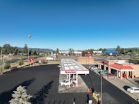 an aerial view of a gas station