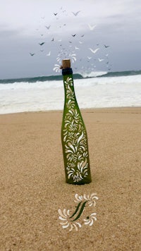 a bottle on a beach with birds flying around it