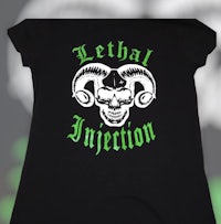 a black t - shirt with a green skull on it