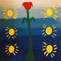 a painting of a flower with suns behind it