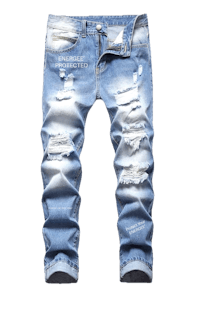 a pair of men's ripped jeans on a black background